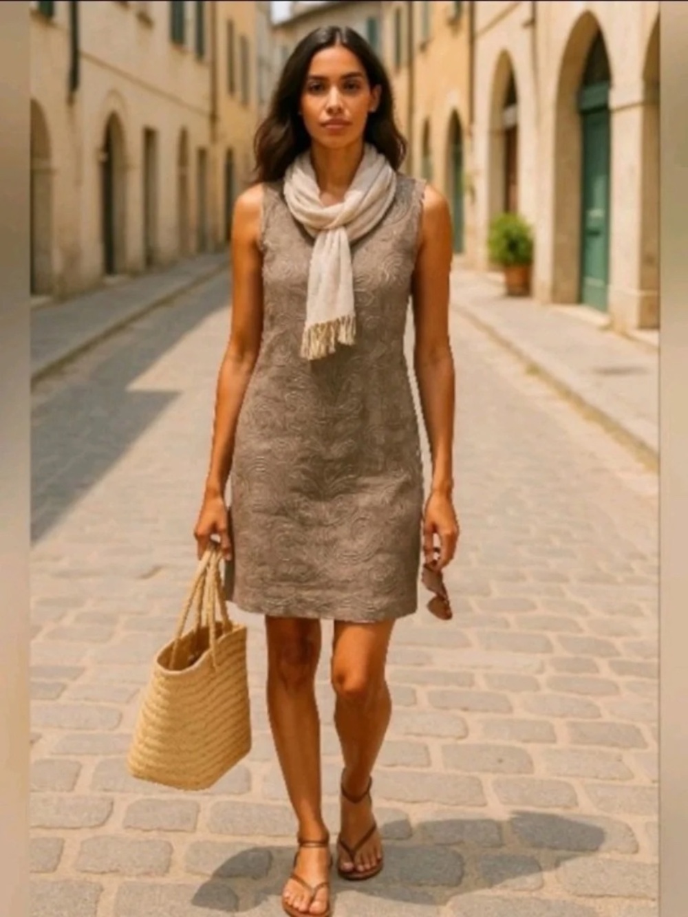100% Linen Dress Size L by Lina Tomei, Pockets, Stretch Panels, Embroidered